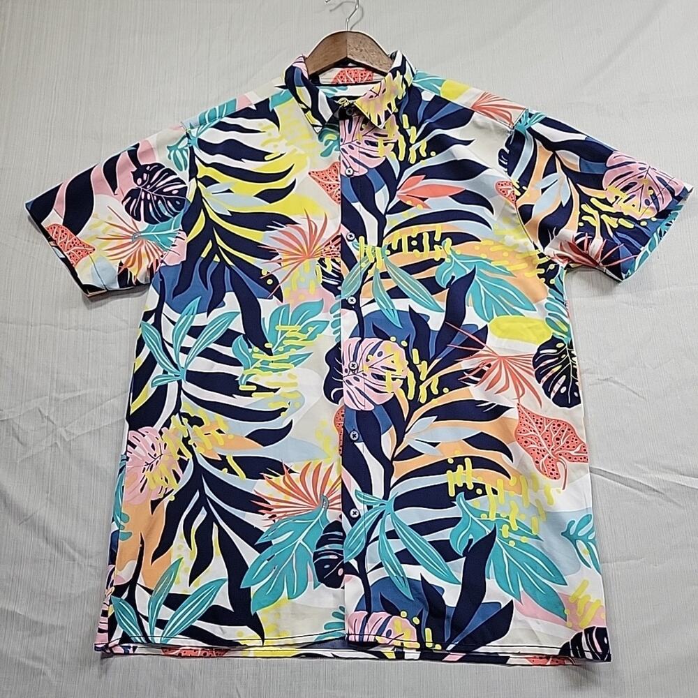 Good Vibes Men LARGE Floral Hawaiian Casual Resort Button Up T-Shirt VTG 90's